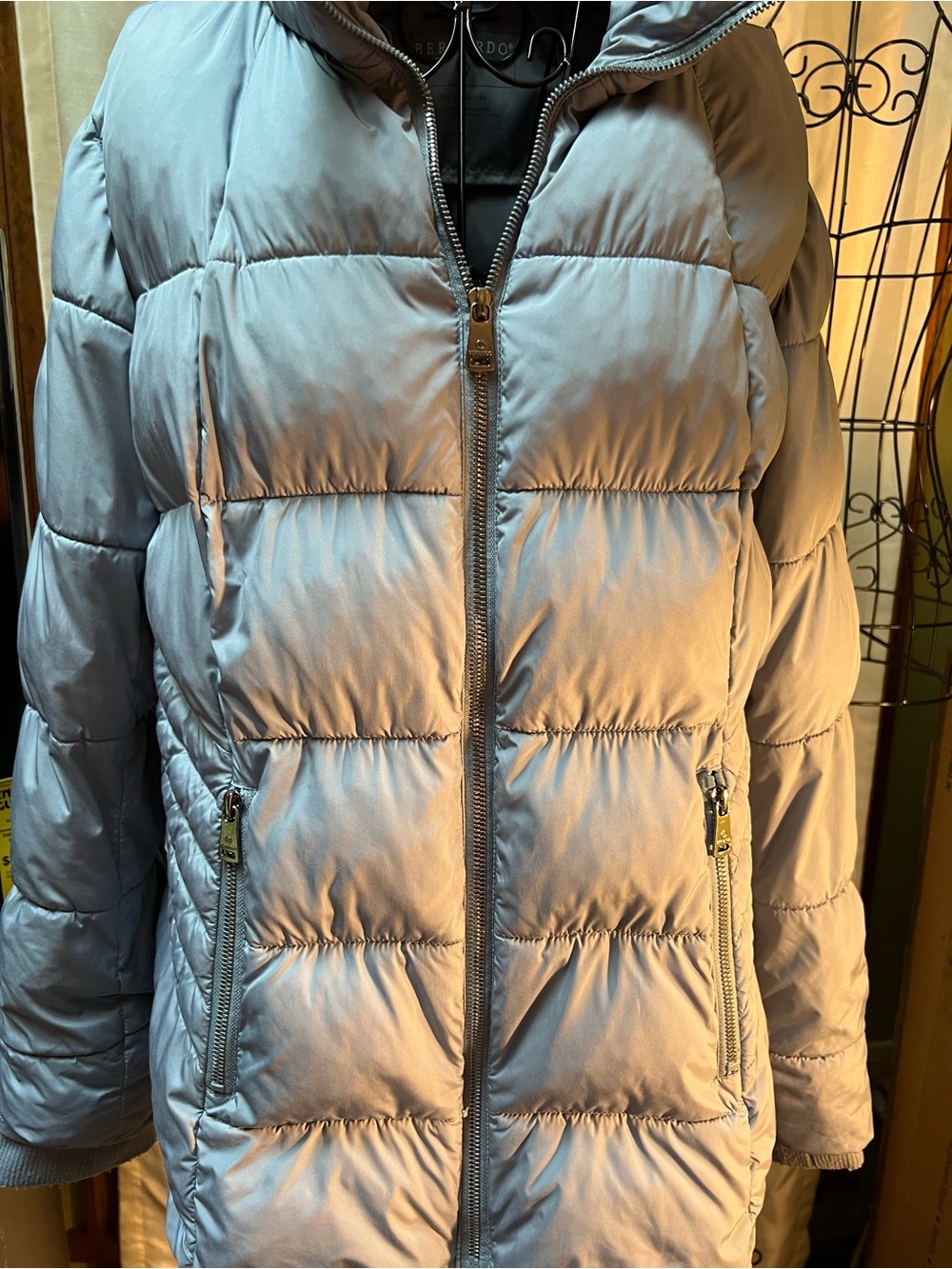 Bernardo light blue  Quilted Down Jacket with Shiny Metal Zipper and hidden hood